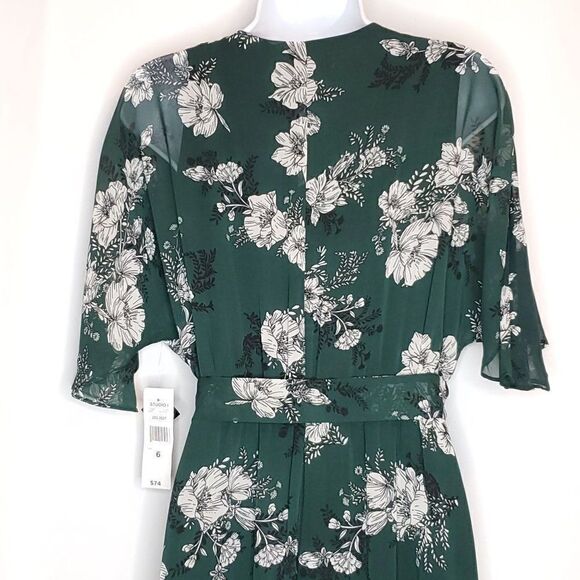 NEW Sandra Darren Floral Dress Sz 6 Sheer Green Belted Waisted A-Line V-Neck - Picture 5 of 7